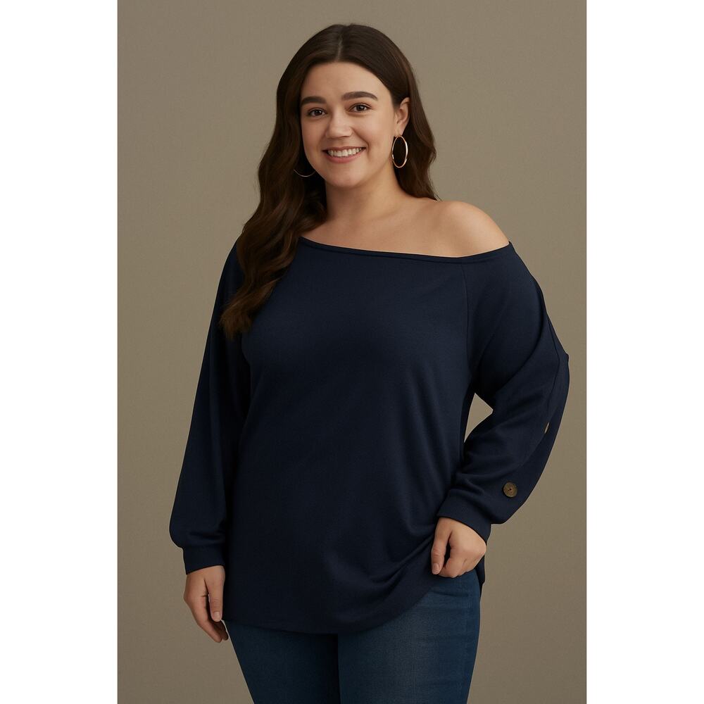 Size 28 5x Plus Size BloomChic Blue Off Shoulder Button Detail Stretchy Sweater